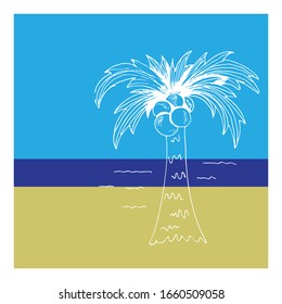 Palmeras blancas en el fondo del mar, playa soleada - escenario de vacaciones.  Ilustración vectorial de la línea blanca dibujada a mano, boceto simple. Silueta blanca de palmera en el fondo del verano.