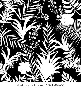 White  palm trees and tropical forest on the black background. Vector seamless pattern. Tropical illustration. Jungle foliage.