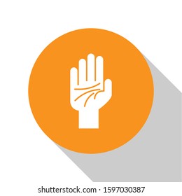 White Palmistry of the hand icon isolated on white background. Orange circle button. Vector Illustration