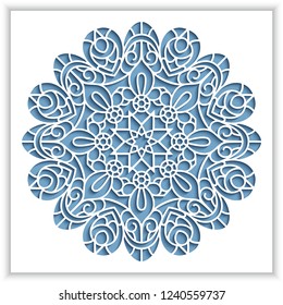 White panel with cutout round pattern, ornamental lace decoration, vector template for laser cutting