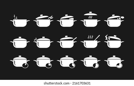 Los iconos de los paneles blancos se establecen en un estilo sencillo. Cocina en una cacerola con vapor, agitación y comida casera caliente. Logotipos aislados en el fondo negro.