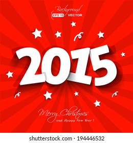 white paper 2015 New Year party  with stars on red background greeting card