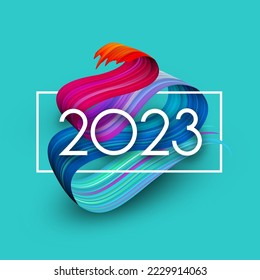 Weißes Papier 2023 wird in Rahmen auf rosafarbenem und blauem Farbverlauf-Pinselhintergrund gezeichnet. Header für das neue Jahr.