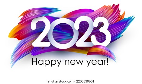 White paper 2023 sign on colorful gradient brush strokes background. New year header.