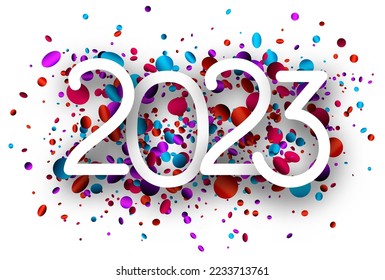 White paper 2023 sign on colorful round spot confetti background. New year header.