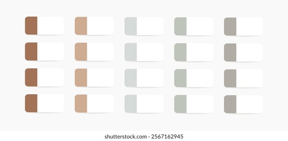 White paper adhesive tape with colored edge and shadows. Sticky office paper tape. Colored bookmarks, post note sticker. Isolated realistic vector illustration set