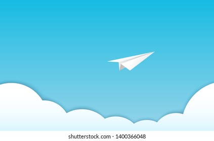 White paper airplane above clouds on blue sky. Paper layers cutout. Template design for travel concept, adventure, business idea, leadership, success, teamwork.