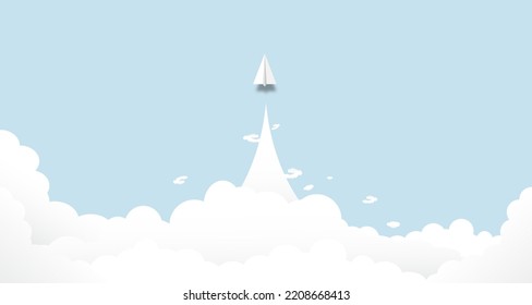 white paper airplane with cloud. Creative concept idea of  business success and leadership in paper craft art style design .Vector illustration