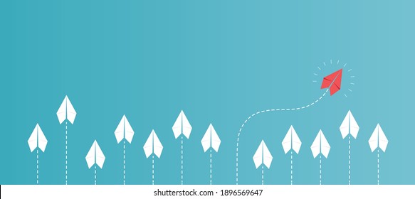 White paper airplane concept flying in the same direction and with one red paper plane going in different directions on a sky background. Vector creative business