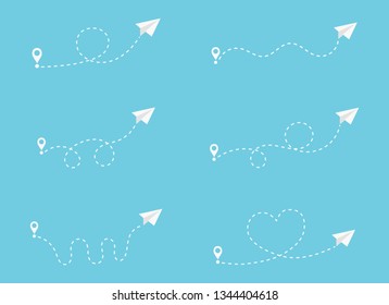 white paper Airplane dashed lines path with start point and dash line trace. Around the world travel concept. Isolated on blue background. vector illustration.