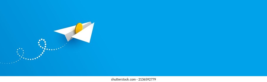 White paper airplane with gold coin is flying over blue background. Money transfers, transactions, online payments, successful business, startup. Horizontal banner with place for your text and design 
