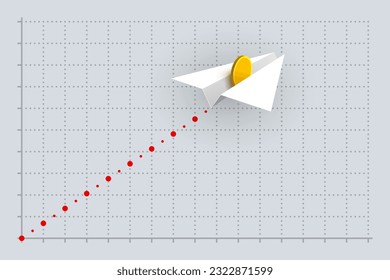White paper airplane with gold coin over business graph with rising dotted line. Concept of financial analytics and successful business, profit growth, increase in currency value and exchange rate