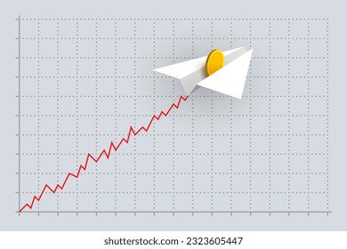 White paper airplane with gold coin over business graph with rising zigzag line. Concept of financial analytics and successful business, profit growth, increase in currency value and exchange rate