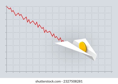 White paper airplane with gold coin over business graph with declining zigzag line. Concept of financial analytics and business, reduction in profits, decrease of currency value and exchange rate
