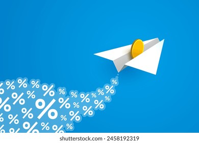 White paper airplane with gold coin is flying over blue background with many percent signs. Concept of increase in interest rates, profit growth, business and taxes issues