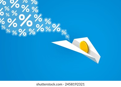 White paper airplane with gold coin is flying over blue background with many percent signs. Concept of decrease of interest rates, reduction in profits, business and taxes issues