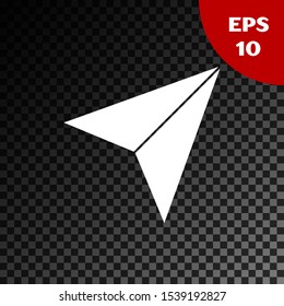 White Paper airplane icon isolated on transparent dark background.  Vector Illustration