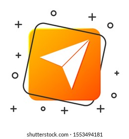 White Paper airplane icon isolated on white background. Orange square button. Vector Illustration