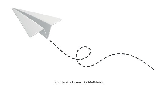 White Paper Airplane Icon, Vector Illustration. Flying Paper Plane with Dotted Line Trail. Email, Message Symbol. 3d White Paper Airplane, Isolated