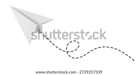 White Paper Airplane Icon, Vector Illustration. Flying Paper Plane with Dotted Line Trail. Email, Message Symbol. 3d White Paper Airplane, Isolated