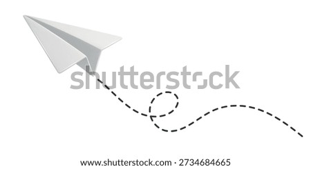 White Paper Airplane Icon, Vector Illustration. Flying Paper Plane with Dotted Line Trail. Email, Message Symbol. 3d White Paper Airplane, Isolated