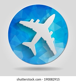 white paper airplane on the Abstract blue geometric circular icon with triangular polygons