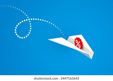 White paper airplane with percent sign is flying over blue background. Concept of decrease of interest rates, reduction in profits, financial analytics and business