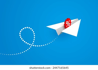 White paper airplane with percent sign is flying over blue background. Concept of increase in interest rates, profit growth, financial analytics and successful business