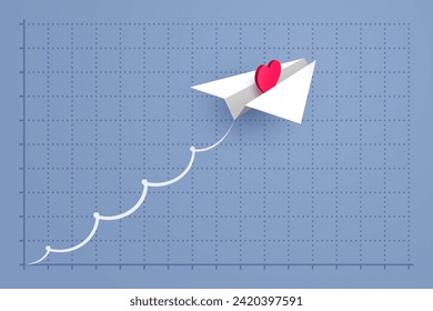 White paper airplane with red heart symbol is flying over grid of graph. Concept of statistical data on relationships and love issues, heart diseases and transplant, donation and charity