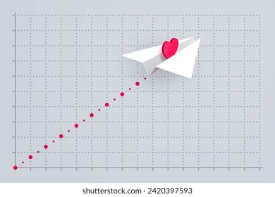 White paper airplane with red heart symbol is flying over grid of graph. Concept of statistical data on relationships and love issues, heart diseases and transplant, donation and charity