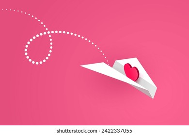 White paper airplane with red heart symbol is flying down over pink background. Concept of relationships and love, donation and charity