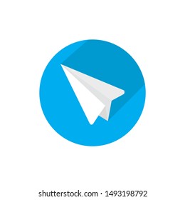 White Paper airplane with shadow inscribe on blue round background. Craft design origami style, simply vector graphic illustration for design,icon, logo, app