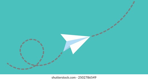 A white paper airplane with two dotted curved lines coming from the front and back