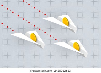 White paper airplanes with gold coins are flying over grid of business graph with dotted lines. Concept of financial analytics and business statistics, currency values and exchange rates