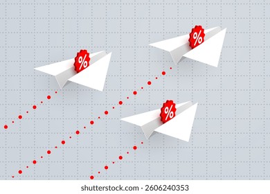 White paper airplanes with percent signs are flying upward over grid of business graph with dotted lines. Concept of increase in interest rates, profit growth, sales and discounts, economic processes