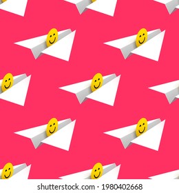 White paper airplanes and yellow happy smiling face icons over red background, seamless pattern. Concept of good news, sending greetings, wishing good mood, positive feedback and user experience