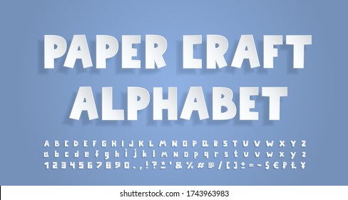 White paper alphabet. 3D font with transparent shadow, realistic paper cut out style. Uppercase and lowercase letters, numbers, punctuation marks and symbols. Vector illustration