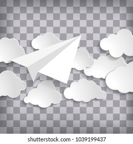 white paper aplane with clouds on a checked transparency air background.  Grey sky travel background