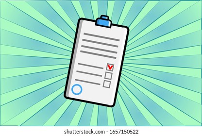 White paper application form with print on abstract blue rays background. Vector illustration.