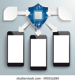 White paper arrows with digital shield, arrows and smartphones on the gray background. Eps 10 vector file.