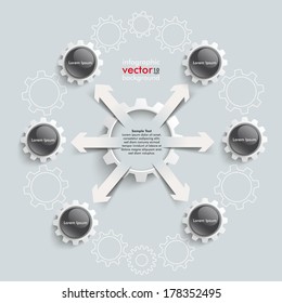 White paper arrows with gears on the grey background. Eps 10 vector file.