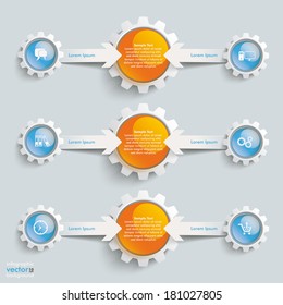White paper arrows with gears on the grey background. Eps 10 vector file.
