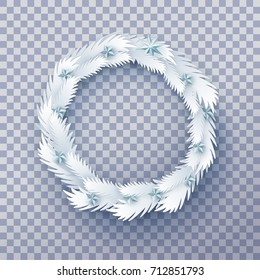 White Paper art wreath frame with 3d stars isolated on transparent background. Circle decorative border made from paper fir tree branches. Christmas and happy new year cut out. Vector illustration