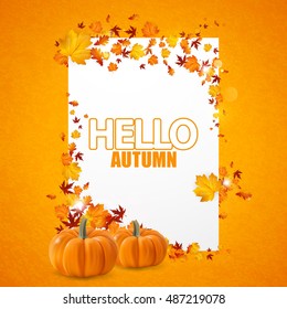 White paper with autumn leaves and pumpkin. Vector autumn design. Fall theme.
