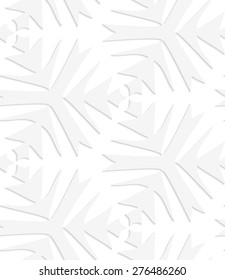 White paper background. Seamless patter with cut out paper effect. Realistic shadow creates 3D modern texture.Paper white pointy complex trefoils.