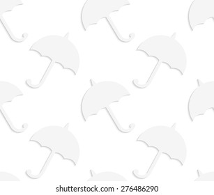 White paper background. Seamless patter with cut out paper effect. Realistic shadow creates 3D modern texture.Paper white solid umbrellas.