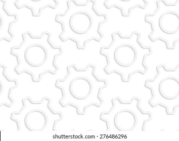 White paper background. Seamless patter with cut out paper effect. Realistic shadow creates 3D modern texture.Paper white simple gears contoured.