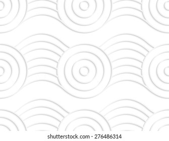 White paper background. Seamless patter with cut out paper effect. Realistic shadow creates 3D modern texture.Paper white circles on bulging ribbon.
