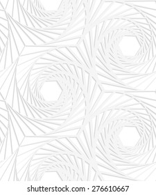 White paper background. Seamless patter with cut out paper effect. Realistic shadow creates 3D modern texture.Paper white striped swirled hexagons.