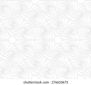 White paper background. Seamless patter with cut out paper effect. Realistic shadow creates 3D modern texture.Paper white twisted striped sea shells.